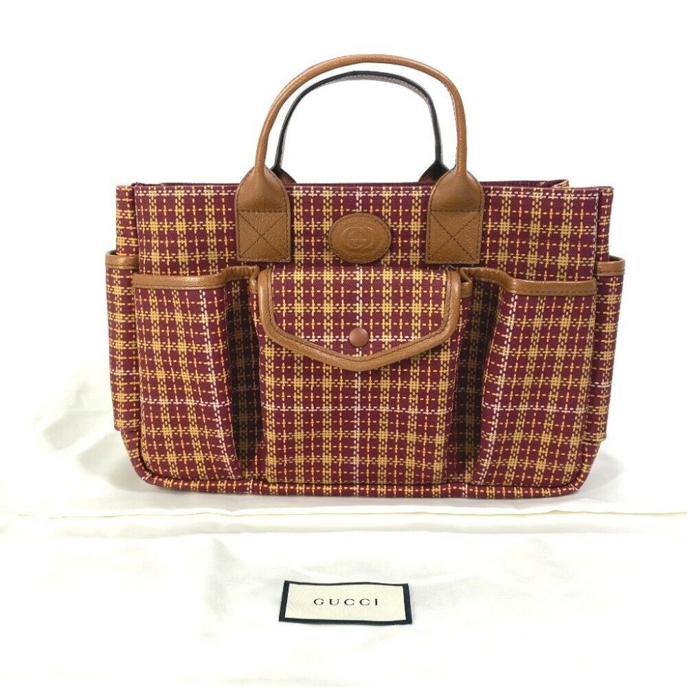 GUCCI 628159 check Chilled license Tote Bag Hand Bag Brown/Bordeaux Based - Picture 3 of 9
